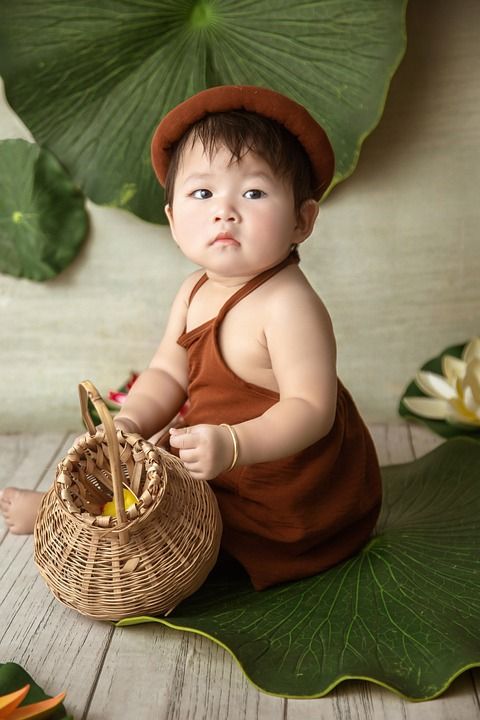 亚洲幼儿 宝宝拍摄 越南 婴儿 学步的儿童 树叶 莲花 孩子
