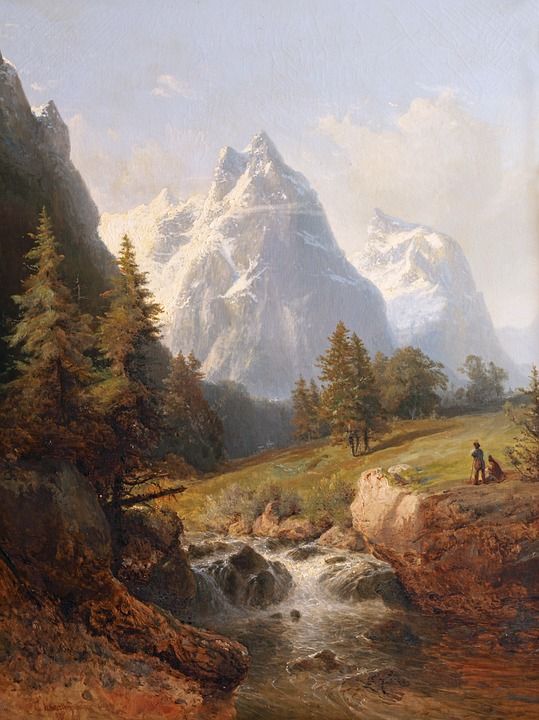山 画 古老的 绘画 景观 旅行