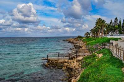 塞浦路斯 普罗塔拉斯 海岸 海滨 采取 全景 天空 云 秋天
