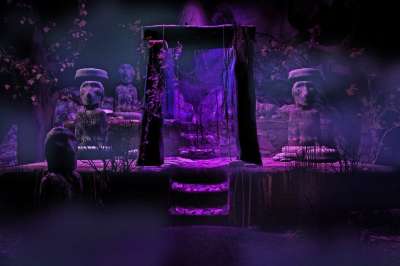 幻想 环境 背景 寺庙 坛 结构 建造 雕像 多雾路段 薄雾