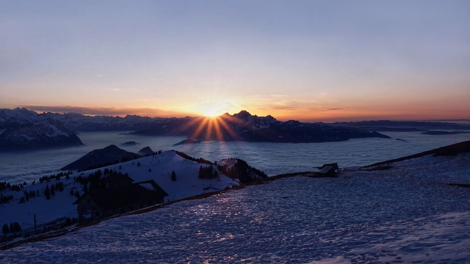 山景, 日落, 雾之海, 冬天, 雪, 景观, 魅力, 山, 天堂, 云, 全景