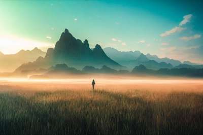 人 孤独 山 景观 牧场 草 生成的Ai