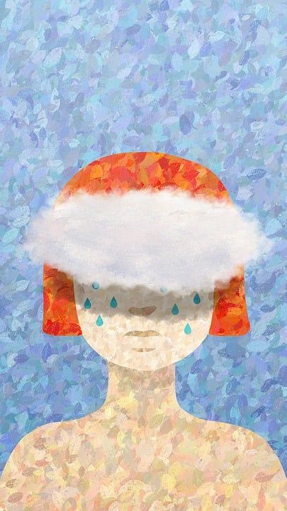 绘画 创造力 云 女孩 水 眼泪 红头发 蓝色的漆 蓝色头发