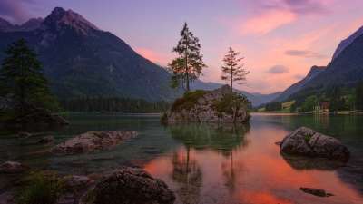 水域 自然 山 旅行 湖 天堂 景观 反射 全景 日落 夏天