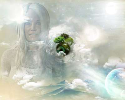 女士 雪 山 树木 月亮 云 天堂 星星 溪 溪流 神秘