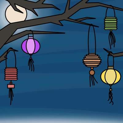 灯笼 树 月亮 夜晚 节日 光 亚洲 装饰 装饰性的 自然