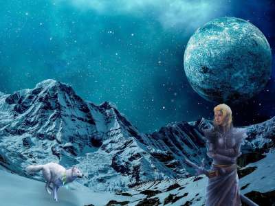 幻想 雪 战士 背景 山 冬天 月亮 狼 夜晚