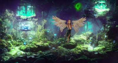 幻想 树木 天使 背景 神秘 美丽的 女士 灯 神奇 森林