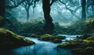 生成的Ai 幻想 林 树木 河 水 性质 景观 神秘 天堂