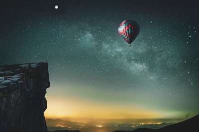 热气球 星星 悬崖 气球 繁星点点的天空 夜空 月亮 合成的