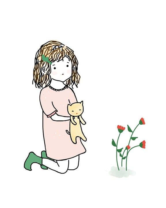 女孩 猫 小猫 花 可爱的 宠物 动物 甜的 绿色袜子 草图