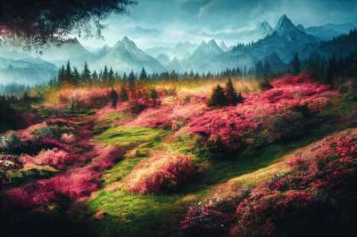生成的Ai 幻想 景观 牧场 花朵 山 远景 丰富多彩的 户外