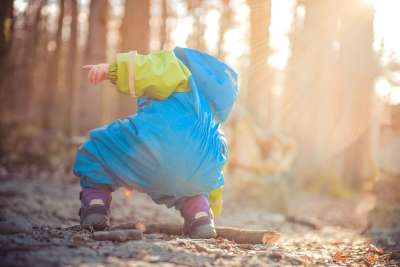 孩子 玩 户外 自然 落下 秋天 树叶 戳 树木 森林 阳光