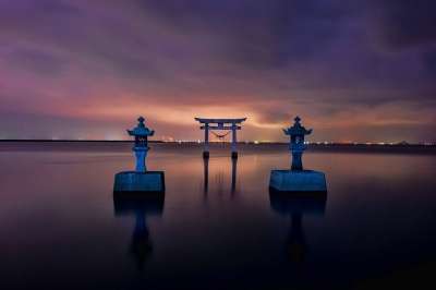 日本 神社 牌坊 海 熊本 水 日落 长雄神社 神社 神社