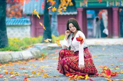 越南 女孩 亚洲 女性 年轻 女士 越南人 模型 秋天 红叶