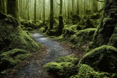 生成的Ai 幻想 树木 林 路径 神秘 绿色 苔藓