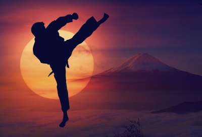 空手道 太阳 山 日落 战斗 运动的 轮廓 反抗 武士 合身