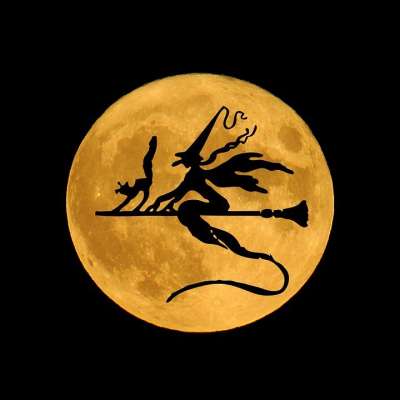 万圣节 巫婆 满月 猫 扫帚 可怕的 幽灵般的 爬行 月亮
