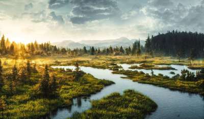 生成的Ai 幻想 水 景观 性质 远景 树木 林 湖