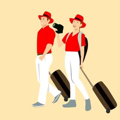游客 旅行 飞机场 卡通人物 主意 一起 行李 颜色相同的 蜜月