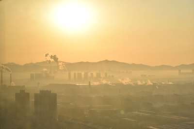 中国 烟台 大城市 烟雾 日出 行业 城市全景 天际线 亚洲