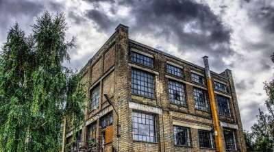 工业建筑 工业厅 建造 大厅 老的 天堂 戏剧 树 绿色