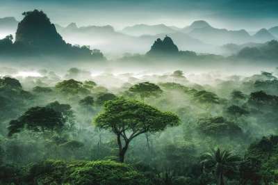树木 远景 丛林 山 有雾的 绿色 热带 生成的Ai