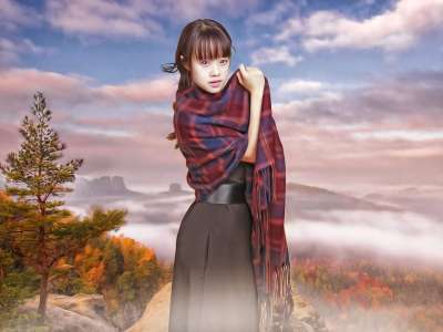 女士 女性 年轻 可爱的 时尚 肖像 吸引人的 山 天空