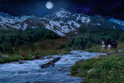 景观 山 幻想 树木 森林 房子 溪 河 雪 自然 满月