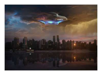 飞碟 空间船 幻想 科幻 未来派 外星人 入侵 风暴 闪电