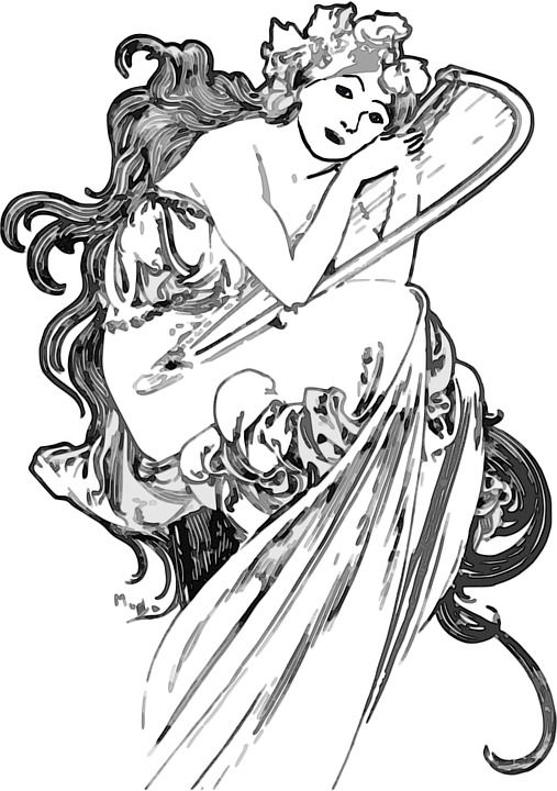 插图 女人 葡萄酒 很多 设计 沉思 竖琴 女神 旧的 女孩