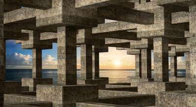 列 网格 日落 海 抽象的 3D 房间 地平线 立方体 几何