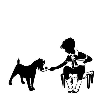 轮廓 优质的 男孩 狗 喂养 喂食 维多利亚时代的 黑色的