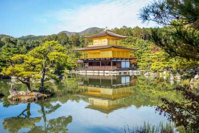 金庙 寺庙 宝塔 金子 树木 湖 反射 放松 天空 蓝色的