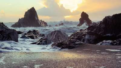 岩石 海岸 沙 海滩 日落 石头 旅游 旅行 自然 悬崖