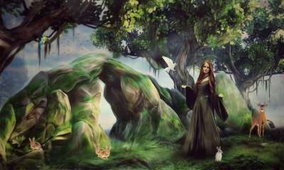 女士 树木 鸟类 鹿 兔子 森林 动物 幻想