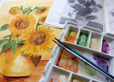 水彩颜料 油漆刷 调色板 花画 向日葵 梵高 刷子 水彩 画