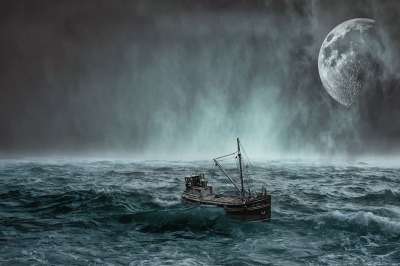 船 海 波浪 夜晚 薄雾 多雾路段 月亮 航行 海洋 晚上