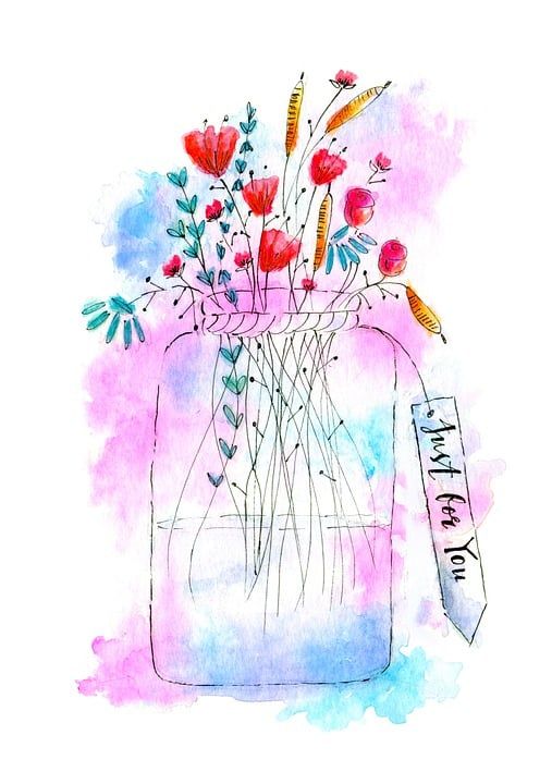 花朵 花瓶 水彩绘画 艺术品 插花 盛开 开花 贺卡