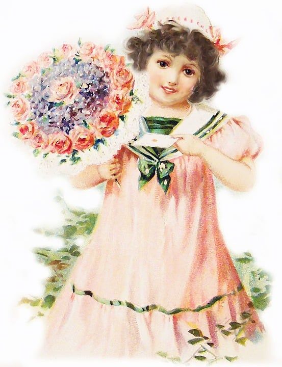 女孩 孩子 幼稚 肖像 小女孩 花朵 花束 玫瑰 春天 葡萄酒