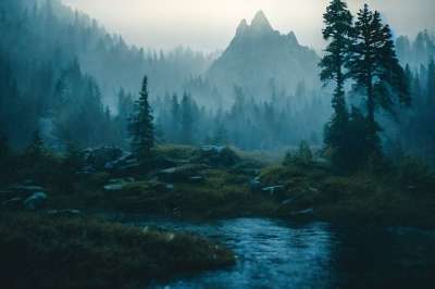 山 河 树木 黑暗的 晚上 生成的Ai 自然 景观