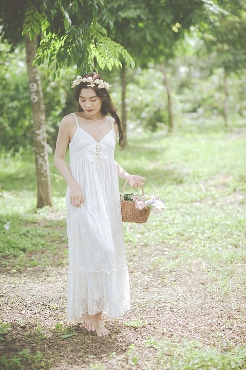 女士 模型 裙子 思维 森林 篮子 花朵