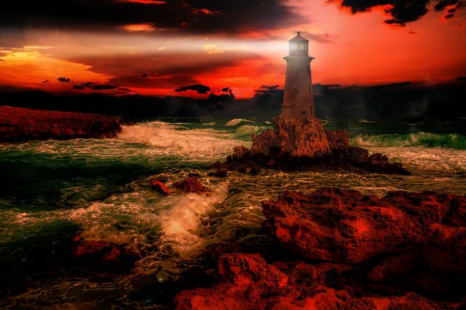 灯塔, 海, 天空, 景观, 云, 岩石, 大气的, 海岸线
