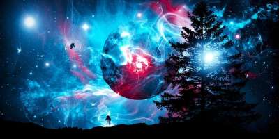 树 行星 宇航员 轮廓 幻想 超现实的 宇宙 星级 全景