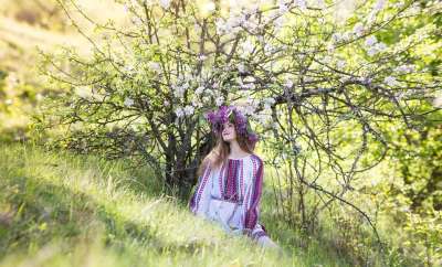 年轻女子 春天 花朵 美丽的 光 压痛 乌克兰 刺绣 刺绣衬衫