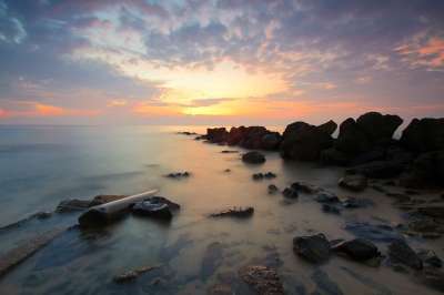 海滩 海岸 日出 深度的字段 黄昏 地平线 景观 天然岩石形成