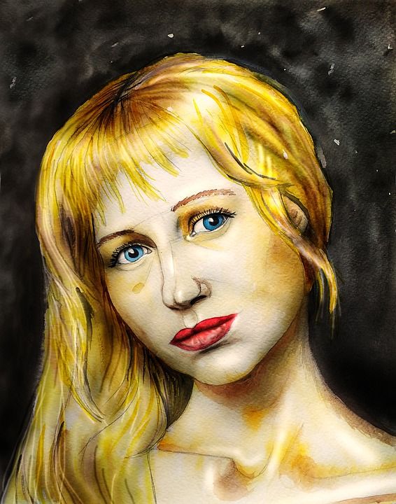 金发女郎 年轻女子 女人 纵向 水彩 艺术家 画画 绘画 视线