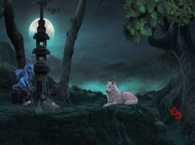 幻想 狼 月亮 龙宝宝 龙 动物 自然 黑暗的 荒野 夜晚