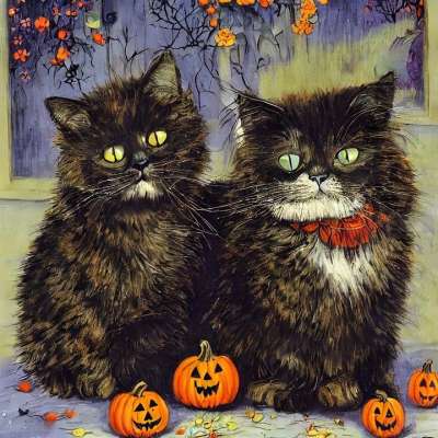 万圣节 猫 南瓜 杰克 O 灯笼 秋天 落下 小猫 绘画 艺术品