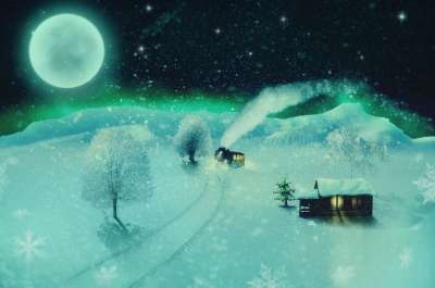 幻想 蒸汽机车 雪景 木屋 雪 月亮 极光 点亮 圣诞节